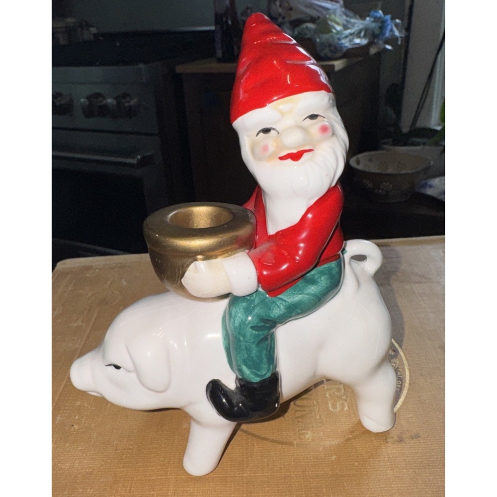 Vintage Omnibus Korea Ceramic Gnome on Pig Candle Holders 6" Christmas